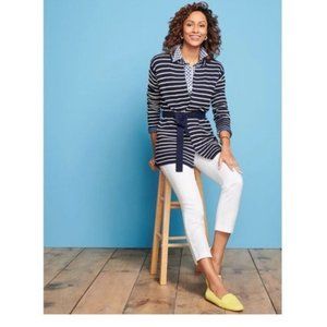 Talbots Blue White Striped Belted Cardigan Sweater Size Large